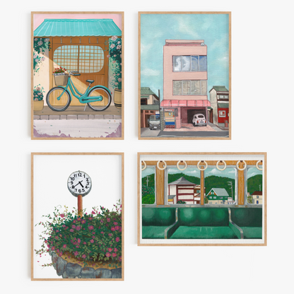 Set of 4 Japan-inspired Gouache Art Prints